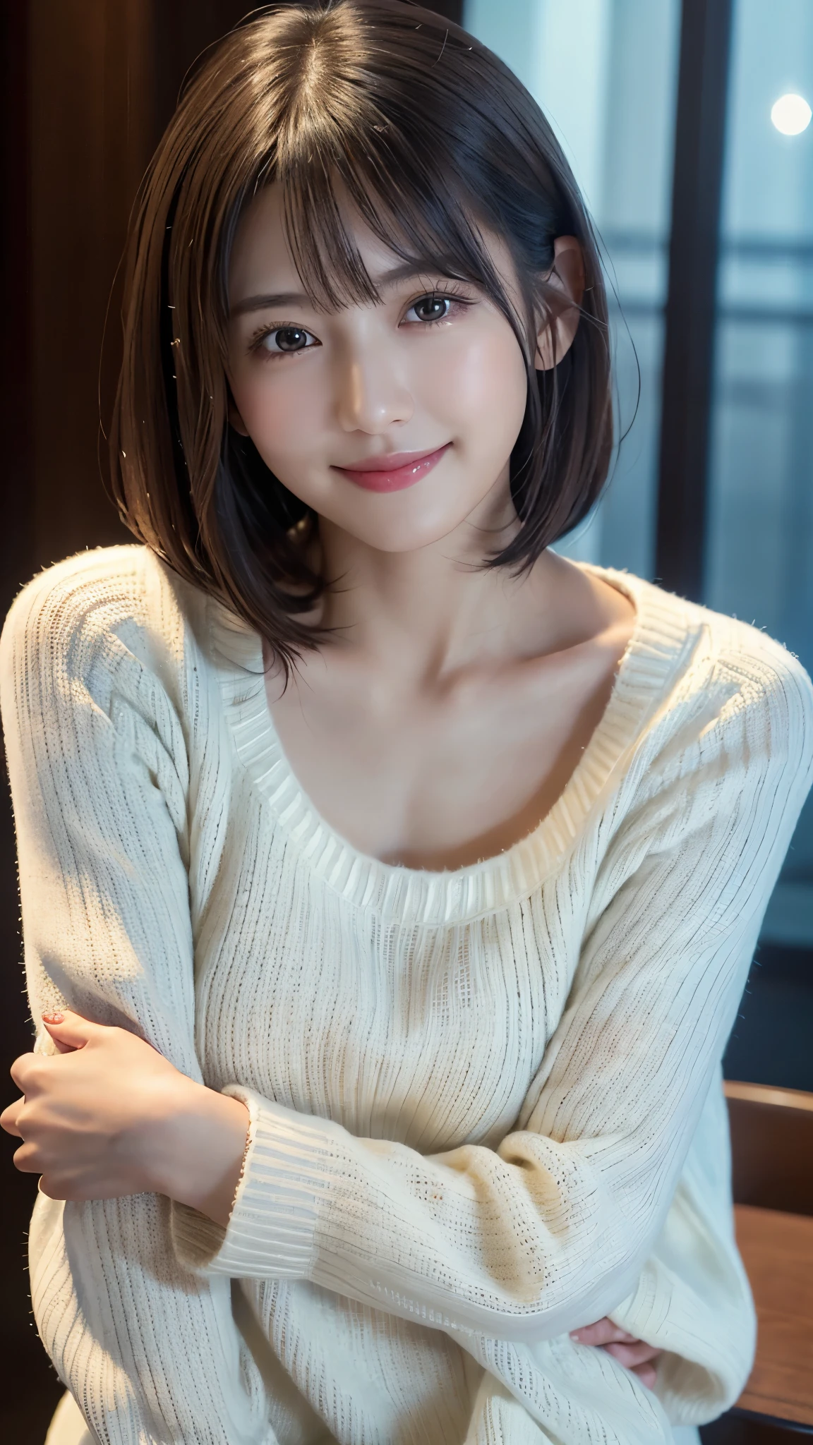 1 Japanese girl,(White sweater:1.4), (RAW Photos, highest quality), (Realistic, Photorealistic:1.4), Tabletop, Very delicate and beautiful, Very detailed, 8k wallpaper, wonderful, In detail, Very detailedなCG Unity, High resolution, Soft Light, Beautiful Details 19 years old, Very detailedな目と顔, Beautifully detailed nose, Beautiful fine details,Cinema Lighting,Perfect Anatomy,Slender body,smile (Asymmetrical bangs,)