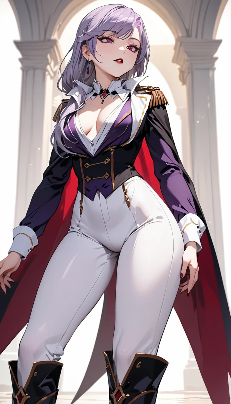 (masterpiece, best quality:1.2), 1girl, solo, Sonata, vampire, purple hair, white opaque trousers with under neck boots, white background