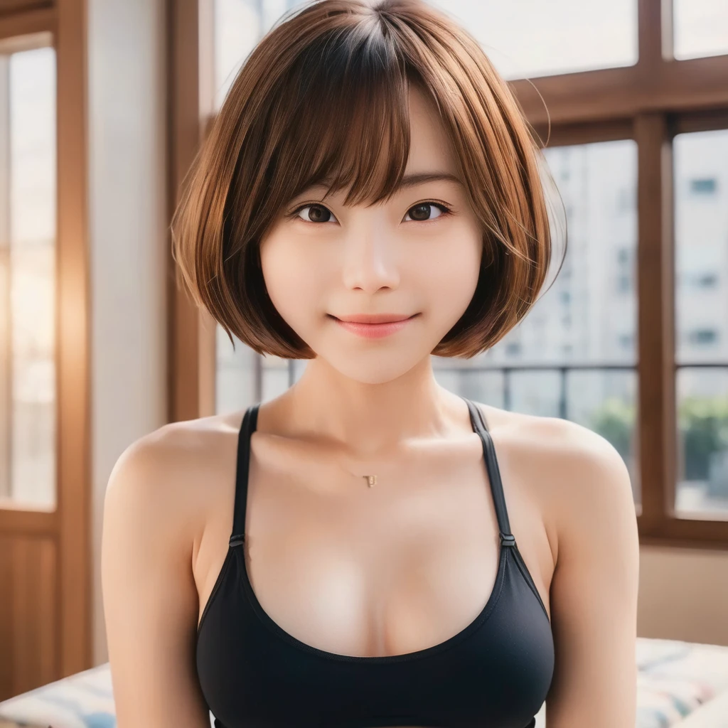 japanese girl, sitting with cross-legged on the sofa in a bright room, (wearing a black sports bra and matching shorts:2),(photoshoot style, shooting from front, upper knee statue, body facing forward), 26 years old, (toned body type:1.2, tall height 5.35 feet), (small breast :1.2, hemispherical udder silhouette:1.2), little smiling, perorbital swelling, brown fluffy and wavy short-cut hair, natural bangs, detailed brown eyes, detailed finger, suppin, no make, (photorealsitic:1.4), (high-resolution details of human skin texture:1.2, rough skin:1.2, Uneven skin tone:1.6, skin texture must be natural:1.1), top-quality, ​masterpiece, high resolution, raw photo, natural soft light, professional lighting