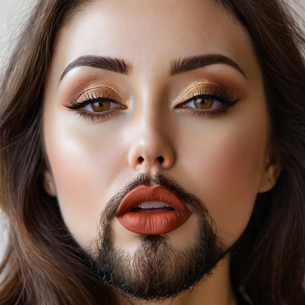 bearded bearded woman, brown hair, amber eyes, kisses the void with her mouth, eyes closed