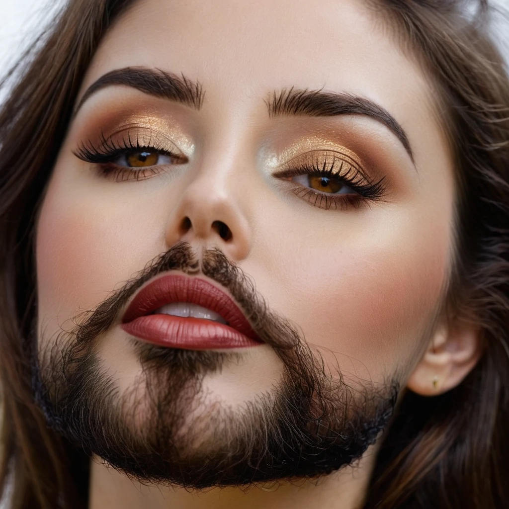 bearded bearded woman, brown hair, amber eyes, kisses the void with her mouth, eyes closed