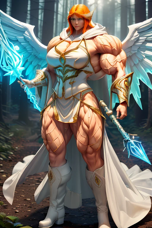 ((((Massive, tall, beautiful, buff, muscular pale white skinned woman mage with orange hair, huge angel wings, ginormous bulky muscles, holding a earth mage staff and wearing a beautiful hooded white enchanted robe with long long skirt)))), (close-up view), vascular, massive muscle, massive biceps, hyper muscle shoulders, hyper muscle triceps, (shaggy bob cut), green eyes, (wearing a long extremely intricate robes, long magical robes), (white mage boots), smirk, white gauntlets, (in a earthly forest), evening, Vascular arms, hyper vascular arm, hyper muscles arms, hyper muscle legs, massive arms.