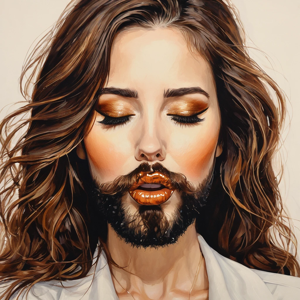 bearded bearded woman, brown hair, amber eyes, kisses the void with her mouth, eyes closed