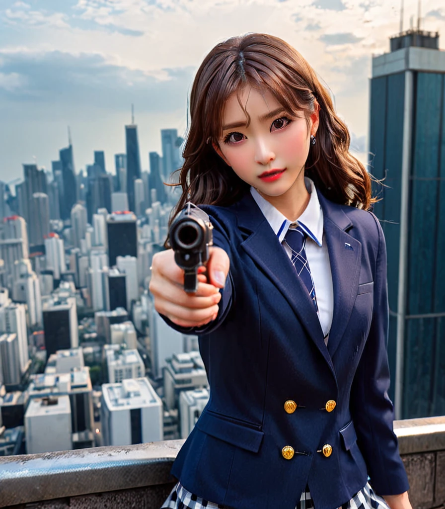 of the highest quality、16K High Resolution、Super detailed、masterpiece、live shooting、photorealistic:1.4、Hyperrealism:1.4、sharp focus、very delicate and beautiful、fine details、1 female、(Super beautiful)、(beautiful face:1.5)、(detailed face:1.5)、They are standing、(high school uniform:1.1)、navy blue jacket、White shirt、(atar)、(Checkered mini skirt:1.1)、Brown hair、(dark makeup)、(roof of a skyscraper:1.5)、(evening:1.3)、(The wind blows:1.5)、(5 fingers on the hand:1.2)、(He is staring down the barrel of the gun..:1.5)、(thigh up shot)、(gun pointing forward with depression of resisting)