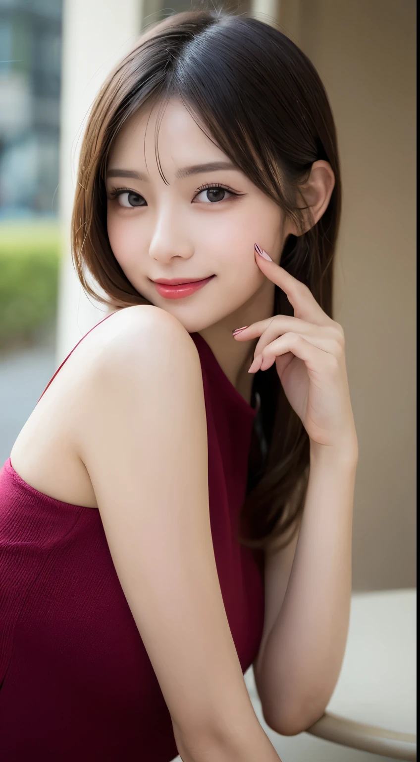 Tabletop, Highest quality, shape, Very detailed, finely, High resolution, 8k wallpaper, 完璧なダイナミックな構shape, Beautiful and exquisite,ランダムなcute髪,,Natural color lip, Bold sexy pose,smile、20-year-old girl、cute、Always blur the background,Perfect and beautiful face,Slim face and figure,Big eyes、Putting on gal makeup,Small face,Shooting from below、smile,Blurred Background,Elegant feminine face、Cyberpunk Fashion、Change pose randomly、Randomly change the shooting angle and position、smile、Top to bottom々Shoot from the right angle and direction