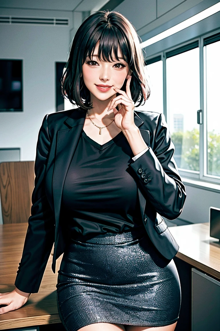 (modern office indoors), 1lady, solo, mature female, (black medium hair), bangs, (suit), (jacket), open jacket, (pencil_skirt), (black pantyhorse), ((id card)), blush kind smile, (masterpiece best quality:1.2), delicate illustrations, high resolution, super detail, (huge breasts:1.1)Winged