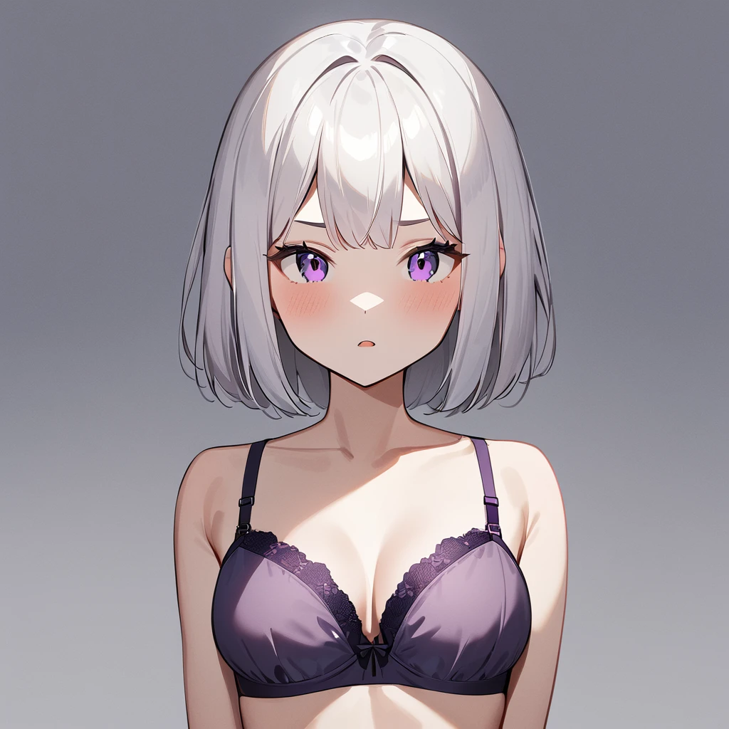 nafw,(2 girls:1.3),(duo),breast,absurdres,best quality,very aesthetic,absurdres,bra,(light silver White hair),太もも,(purple bra),(straight-on),