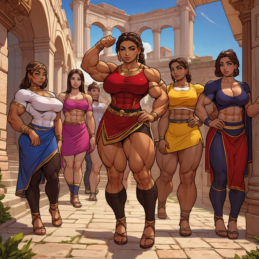 group of young girls in roman attire, young, teens, muscular, athletic, buff, attractive, curvy, powerful, varied ethnicities, incase,