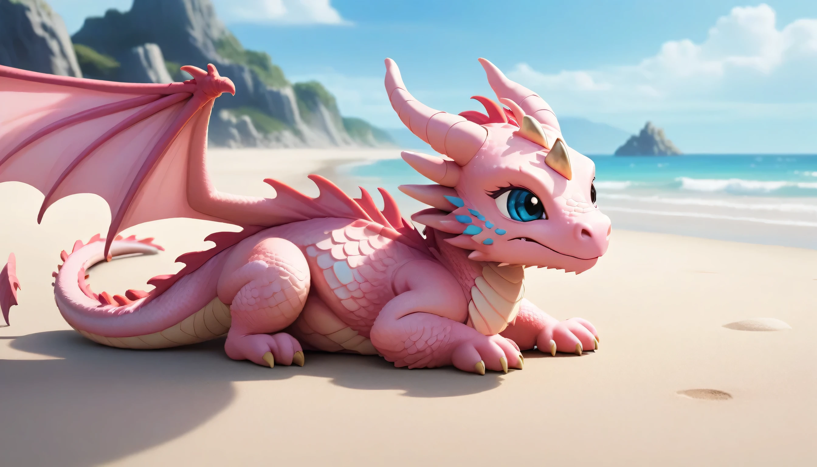 masterpiece,high quality,monster,solo,dragon ,(chibi:1.2),pink body,pink dragon,horns,wings,lying on the ground,injured,unhappy,looking forward,looking sideways,head focus,poor,seaside,beach,blue sky,landscape,(non-human:1.2),lying,frustrated_brow,annoyed,frustrated,on stomach,