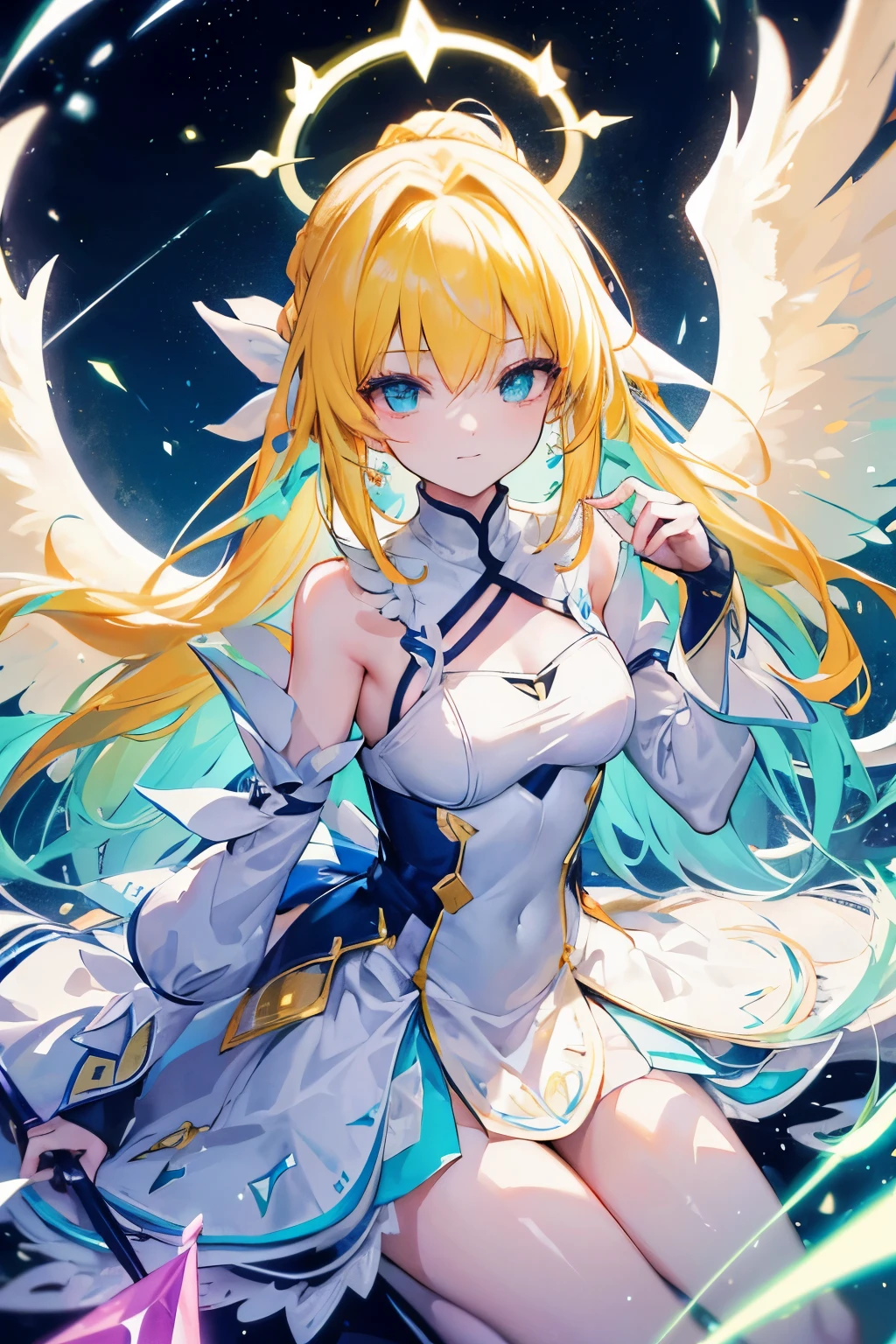 (((ultra detailed))), fluorescent colors, ultra long hair, crafty trick, love magic, happy angel, halcyon, saber,wings, diamond crossing, eden, dynamic lighting, wide shot, from above