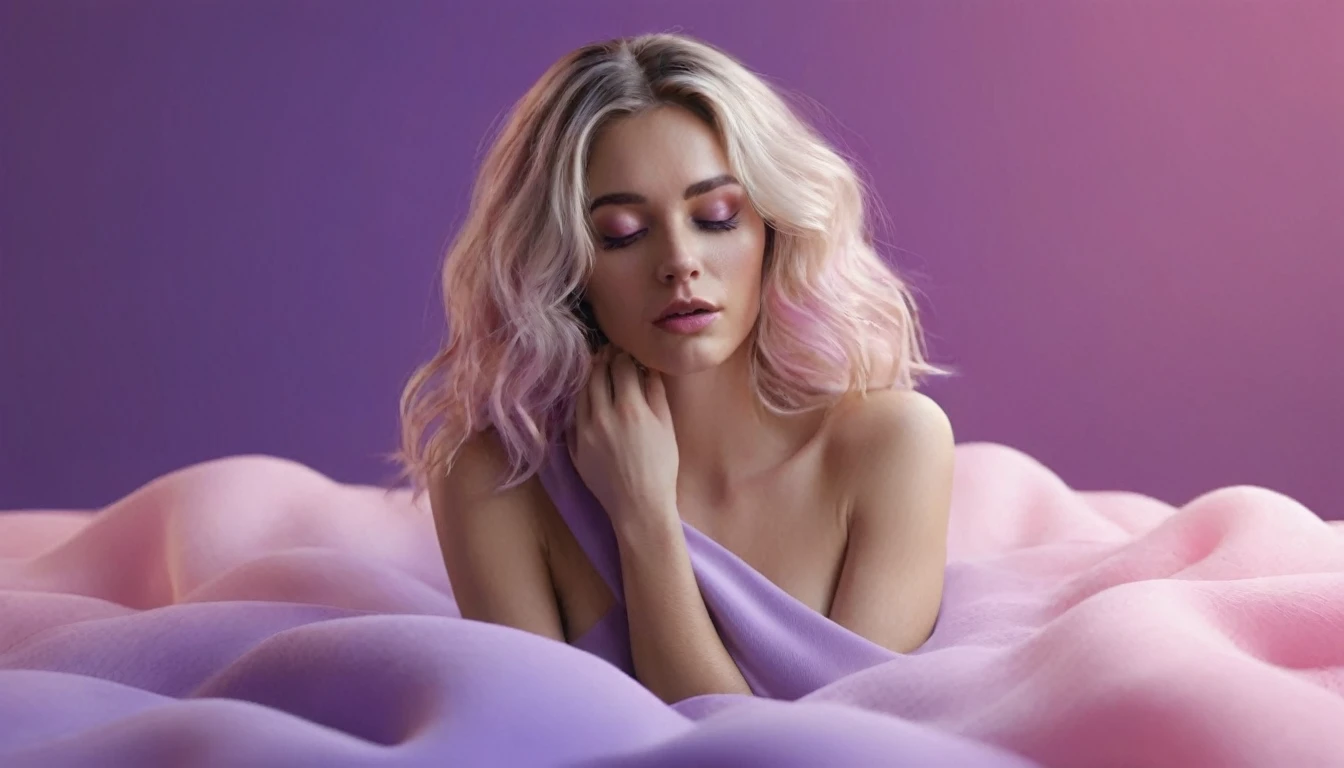 laptop in hands, squirting naked blackhair woman with long hair laying on bed, she holds laptop in her hands, open mouth, glowing with pink and purple colours, hair floating covering chest, wavy hair spread out, she is laying on her back, attractive neck, sensual woman, hands on face, laying on her back, pale skin curly blond hair, sensuality, fashion model face closed eyes, fashion model face, close up of a blonde woman, she is having orgasm, minimalistic, in a light purple and pink style, with soft edges and blurred details, in the toycore style, with a 3D render, on a colorful background, with a minimalist stage design, in a surreal style, with a cinema4D rendering, with a minimalist style, with low saturation, using gradient colors, with a cinema4D rendering, with a blender rendering, with super detail, at a super high resolution, at a super high definition