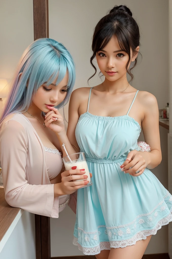 16 hears cute girl with cute baby drink milk from woobs with stylish colour full modern dress with romantic hot mood full size hot sexy hot pic