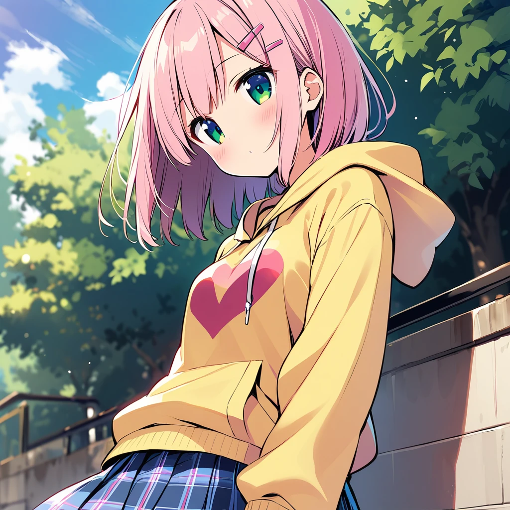 ((madhikado mazoku,chiyoda momo,1girl,solo,pink hair,hairclip,hair ornament,green eyes,medium hair,small breasts,,yellow hoodie over ,plaid skirt,blue skirt,red ribbon,pink hair clip,bob cut)), face towards the sky, head tilt, 1 girl, cellphone, tree, absurdres, highres,