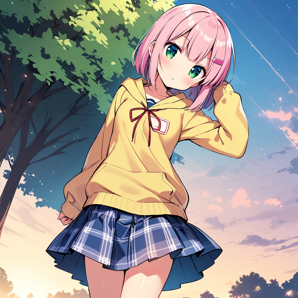 ((madhikado mazoku,chiyoda momo,1girl,solo,pink hair,hairclip,hair ornament,green eyes,medium hair,small breasts,,yellow hoodie over ,plaid skirt,blue skirt,red ribbon,pink hair clip,bob cut)), face towards the sky, head tilt, 1 girl, cellphone, tree, absurdres, highres,