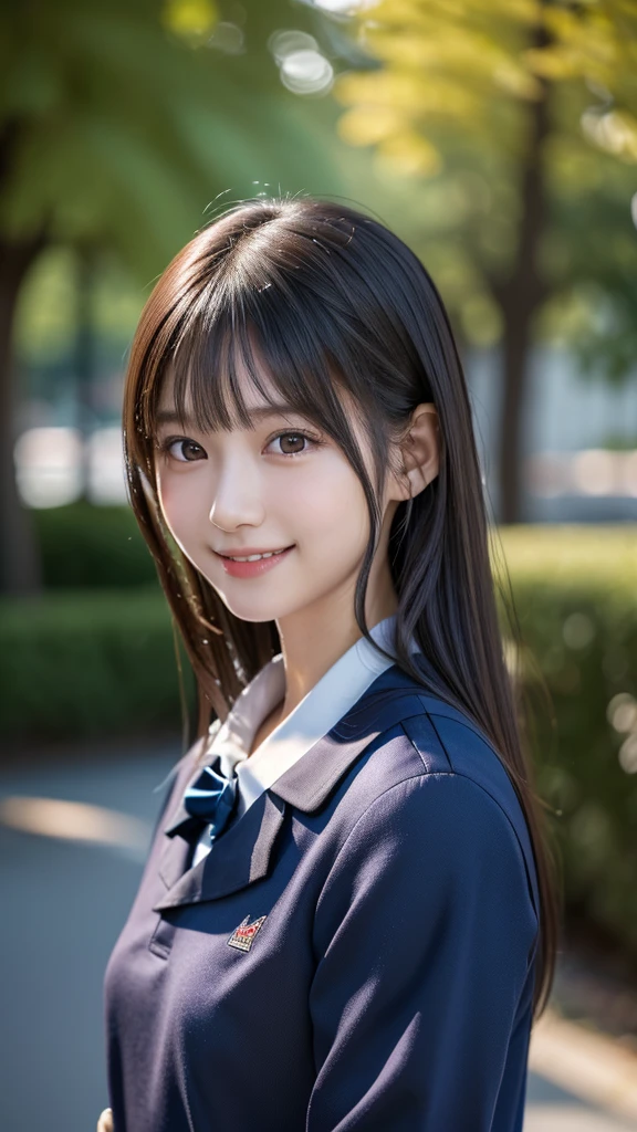 1 Japanese girl,(school uniform:1.4), (RAW Photos, highest quality), (Realistic, Photorealistic:1.4), Very delicate and beautiful, Very detailed, 8k wallpaper, wonderful, In detail, Very detailedなCG Unity, High resolution, Soft Light, Beautiful Details 19 years old, Very detailedな目と顔, Beautifully detailed nose, Beautiful fine details,Cinema Lighting,Perfect Anatomy,Slender body,smile (Asymmetrical bangs,)