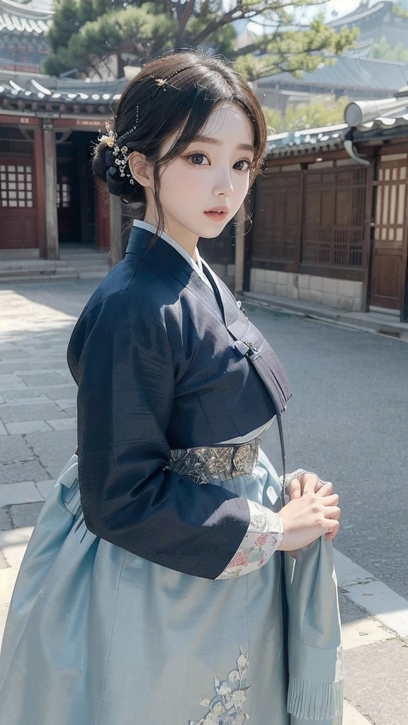 (best quality, 8K, masterpiece: 1.3), ((((((ridiculously big tits: 0.8))))), hairpin, (beautiful face:1.3), authentic hanbok, 1920s Hanbok style and hairstyle, baroque building, 17th century Europe