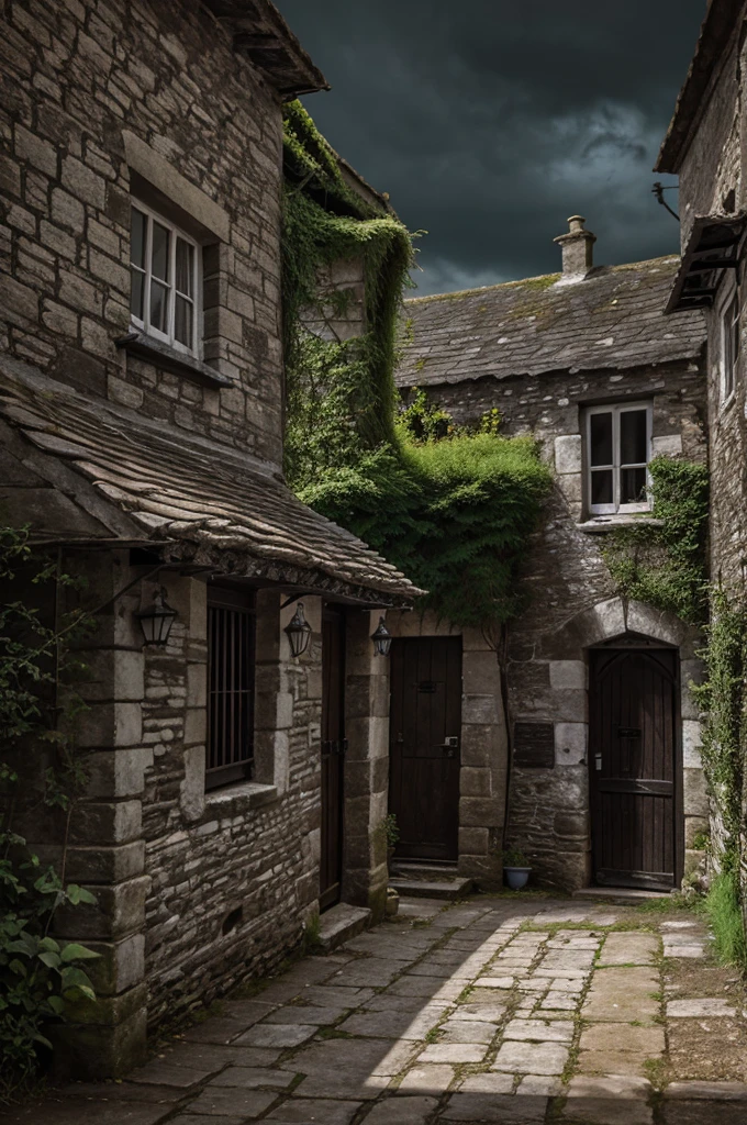 An old bunglow, present in an old village, a little dark in colour, with a little dark background 