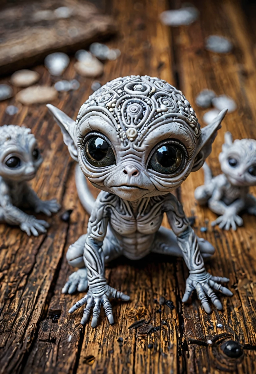 alien-themed macro photography of a mini cute [rock|gem] alien, vibrant shades of gray and white paint swirl across aged wood, revealing the emergence of a charming extraterrestrial alien being amidst the kaleidoscopic chaos, encapsulating the essence of cosmic wonder in perfect clarity and precision. . extraterrestrial, cosmic, otherworldly, mysterious, sci-fi, highly detailed,