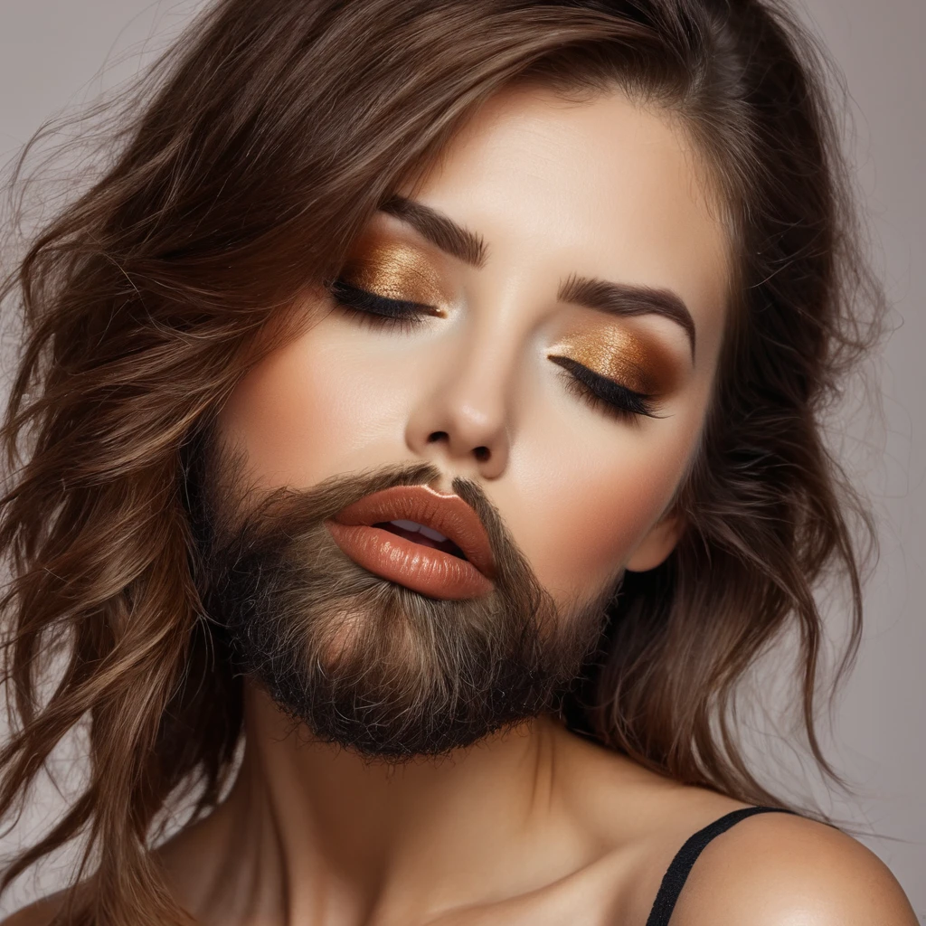 bearded bearded woman, brown hair, amber eyes, kisses the void with her mouth, eyes closed
