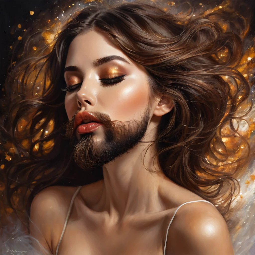 bearded bearded woman, brown hair, amber eyes, kisses the void with her mouth, eyes closed