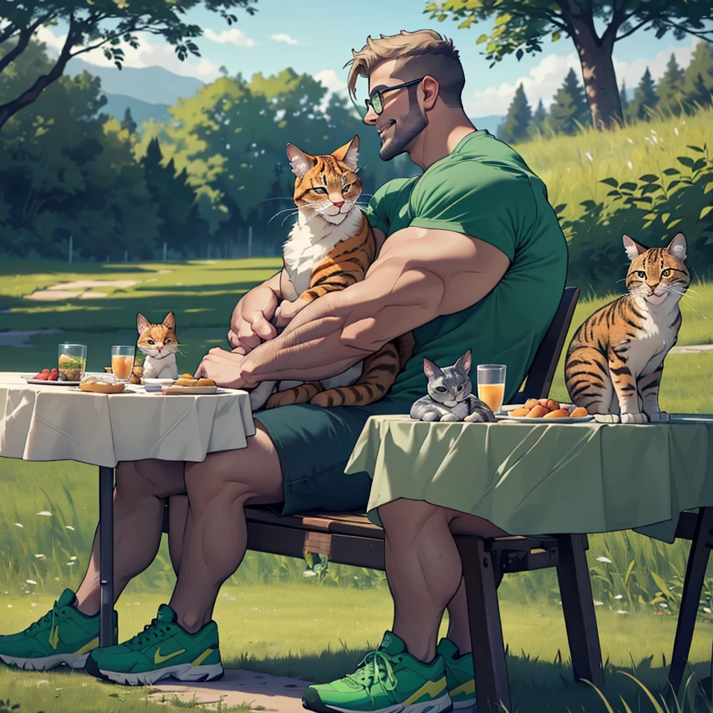 8k , masterpiece, a solo man, dark blond hair ,a dark blond beard well groomed ,a dark blond chest hair , stephen amell with ginger blond cats , about 2 to 3 cats sitting near him, wearing( glasses, topless and hairy chest ,(dark green short ),(dark green shoes),in a park, sitting on a tablecloth spread on the green grass, near him a picnic basket full of food, high well detailed face,detailed fingers ,detailed body parts, focus, happy smile, happy cats, heart-warming scene of lot of cuddling , seen from the front to side