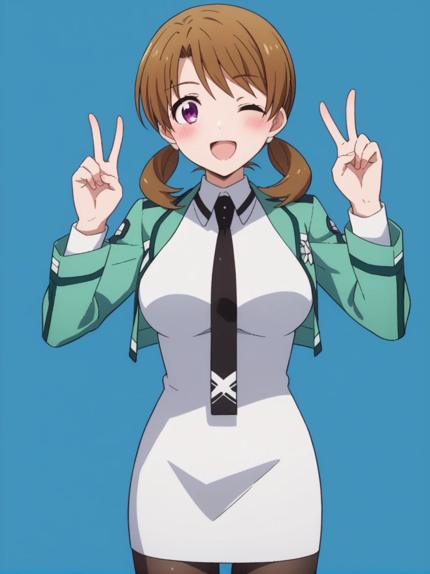 score_9, score_8_up, score_7_up, rating_questionable, 1girl, solo,
honoka mitsui, mahouka koukou no rettousei, mitsui honoka, purple eyes, brown hair, medium hair, twintails, low twintails, large breasts, first high , , dress, white dress, collared dress, pencil dress, necktie, black necktie, short necktie, jacket, green jacket, cropped jacket, open jacket, long sleeves, pantyhose, black pantyhose, cowboy shot, double v, v, hands up, looking at viewer, simple background, blue background, blush, smile, one eye closed, ;o, open mouth