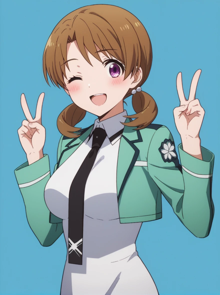 score_9, score_8_up, score_7_up, rating_questionable, 1girl, solo,
honoka mitsui, mahouka koukou no rettousei, mitsui honoka, purple eyes, brown hair, medium hair, twintails, low twintails, large breasts, first high , , dress, white dress, collared dress, pencil dress, necktie, black necktie, short necktie, jacket, green jacket, cropped jacket, open jacket, long sleeves, pantyhose, black pantyhose, cowboy shot, double v, v, hands up, looking at viewer, simple background, blue background, blush, smile, one eye closed, ;o, open mouth
