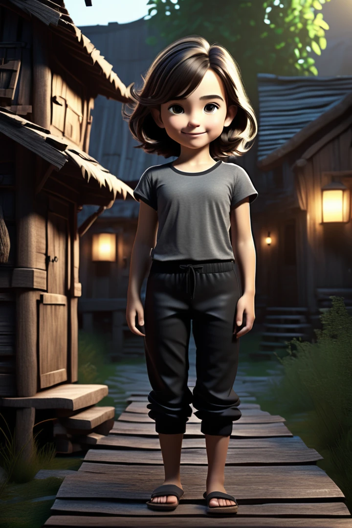 one girl standing alone in a wooden village, hair is short, wearing a t-shirt and black box pants, 
full body, looking at viewer, smile,
The soft lighting and detailed surroundings create an immersive environment where imagination runs wild,
hyper-detailed, high quality visuals, dim Lighting, ultra-realistic, sharply focused, octane render, 8k UHD