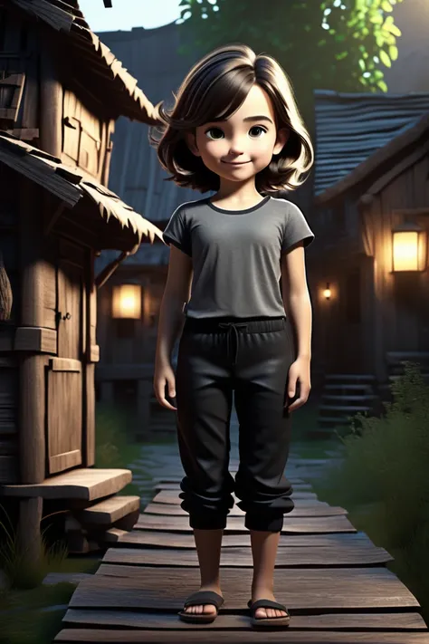 one girl standing alone in a wooden village, hair is short, wearing a t-shirt and black box pants, 
full body, looking at viewer...