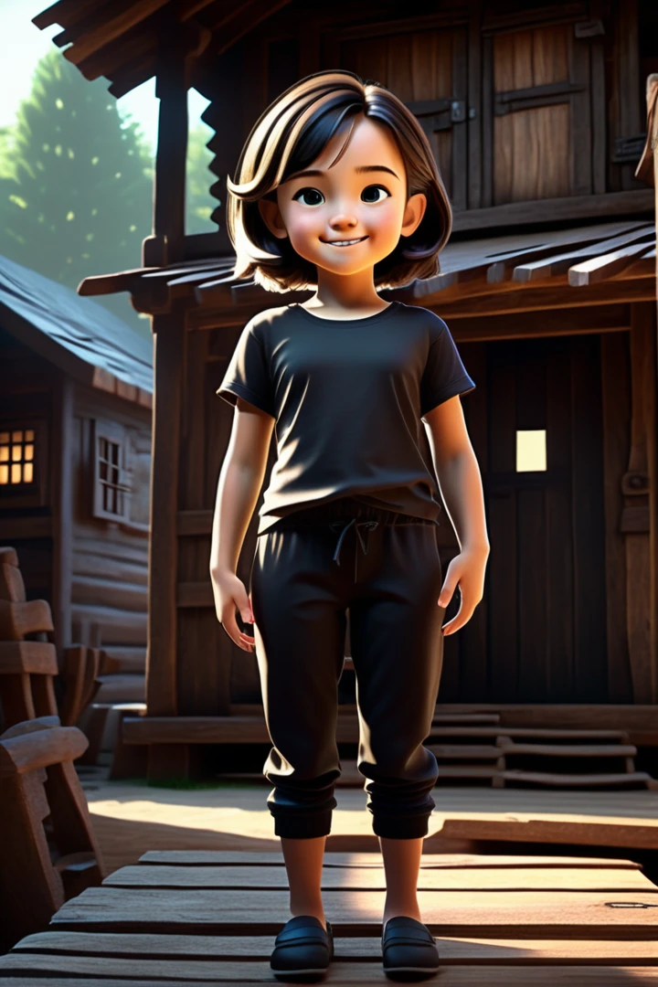 one girl standing alone in a wooden village, hair is short, wearing a t-shirt and black box pants, 
full body, looking at viewer, smile,
The soft lighting and detailed surroundings create an immersive environment where imagination runs wild,
hyper-detailed, high quality visuals, dim Lighting, ultra-realistic, sharply focused, octane render, 8k UHD