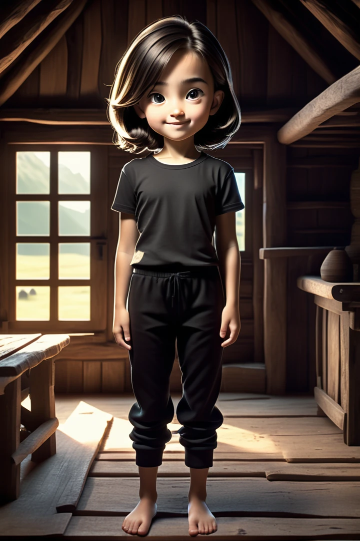 one girl standing alone in a wooden village, hair is short, wearing a t-shirt and black box pants, 
full body, looking at viewer, smile,
The soft lighting and detailed surroundings create an immersive environment where imagination runs wild,
hyper-detailed, high quality visuals, dim Lighting, ultra-realistic, sharply focused, octane render, 8k UHD