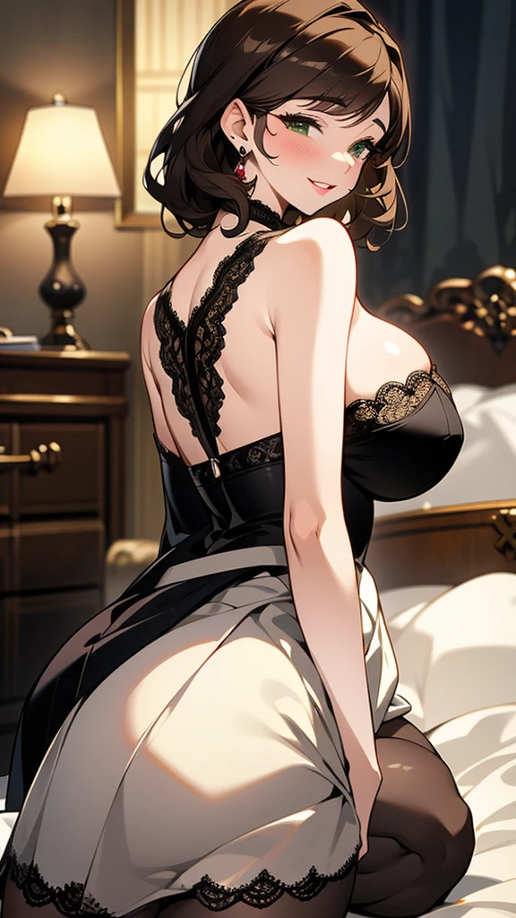 masterpiece,stunning reality,Realistic,Clarity,Sexy,full,beauty,Married woman,Huge breasts,cleavage,prostitute,Dim Lights,on the bed,Transparent lace skirt,Lipstick,Smile,earrings,brown hair,Short curly hair,Green eyes,Lying on the bed with your butt exposed,Close-up shot from behind,Lace exposed,stockings,Areola