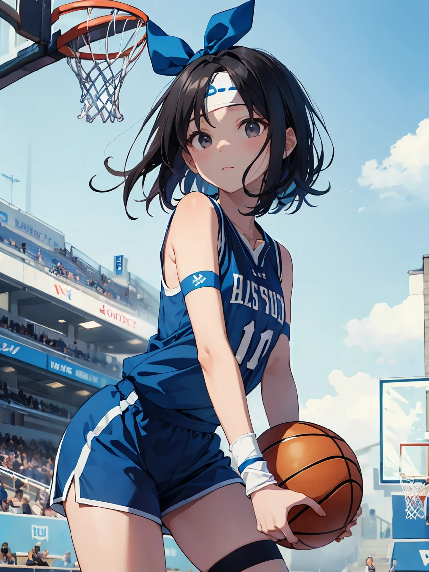 in a girl、funny、dress,(small breasts ) , short black hair, black eyes, playing basketball, blue sleeveless t-shirt with the number 10 on the chest and back, Matching shorts with a white line design on the sides, white sports shoes with blue details, white knee high socks, white wristbands, blue headband