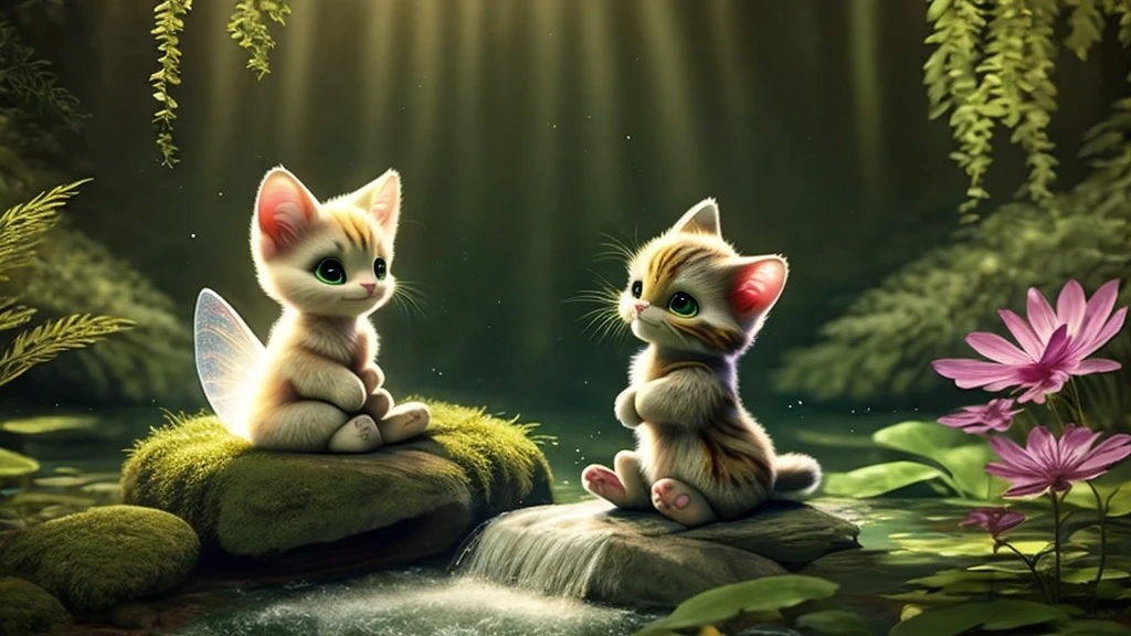 A whimsical scene featuring a fluffy cream-colored kitten with large, expressive eyes sitting on a moss-covered rock in a serene forest stream. The kitten has delicate, translucent fairy wings with intricate golden patterns that sparkle in the sunlight. The background features lush green foliage, softly blurred to emphasize the magical atmosphere. The overall lighting is soft and warm, creating a tranquil and enchanting ambiance. The kitten looks curious and innocent, adding to the whimsical charm of the image