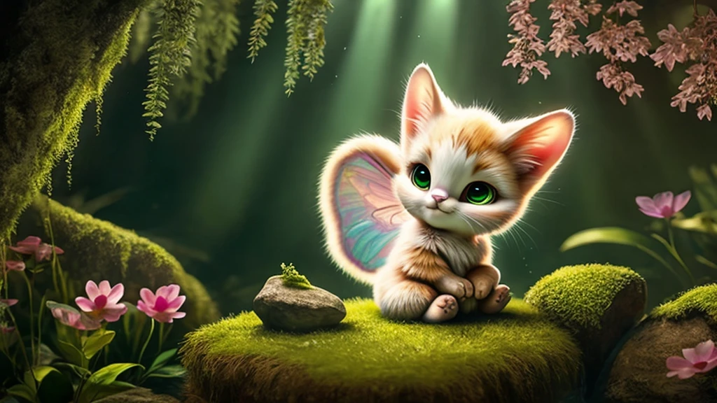 A whimsical scene featuring a fluffy cream-colored kitten with large, expressive eyes sitting on a moss-covered rock in a serene forest stream. The kitten has delicate, translucent fairy wings with intricate golden patterns that sparkle in the sunlight. The background features lush green foliage, softly blurred to emphasize the magical atmosphere. The overall lighting is soft and warm, creating a tranquil and enchanting ambiance. The kitten looks curious and innocent, adding to the whimsical charm of the image