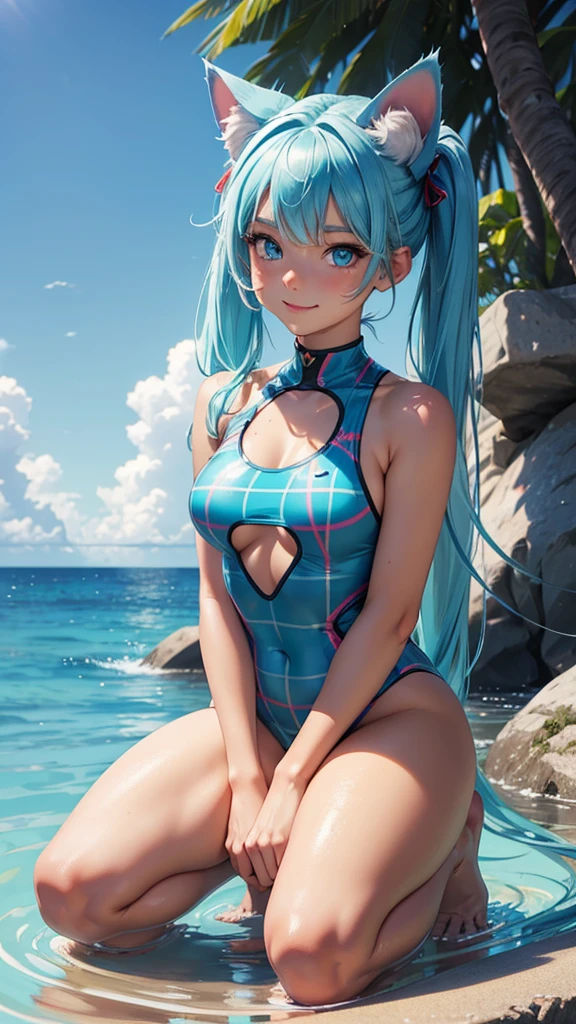 (high resolution, full body, soft skin:1.2),(best illustration,masterpiece:1.2),ultra-detailed,[(cat ears , aqua blue inside:1.2, blue twin tail hair, aqua blue eyes, cat eyes, tan skin),vivid colors,sharp focus, sun lighting,bokeh, wearing a red plaid swimsuit, smiling, kneeling