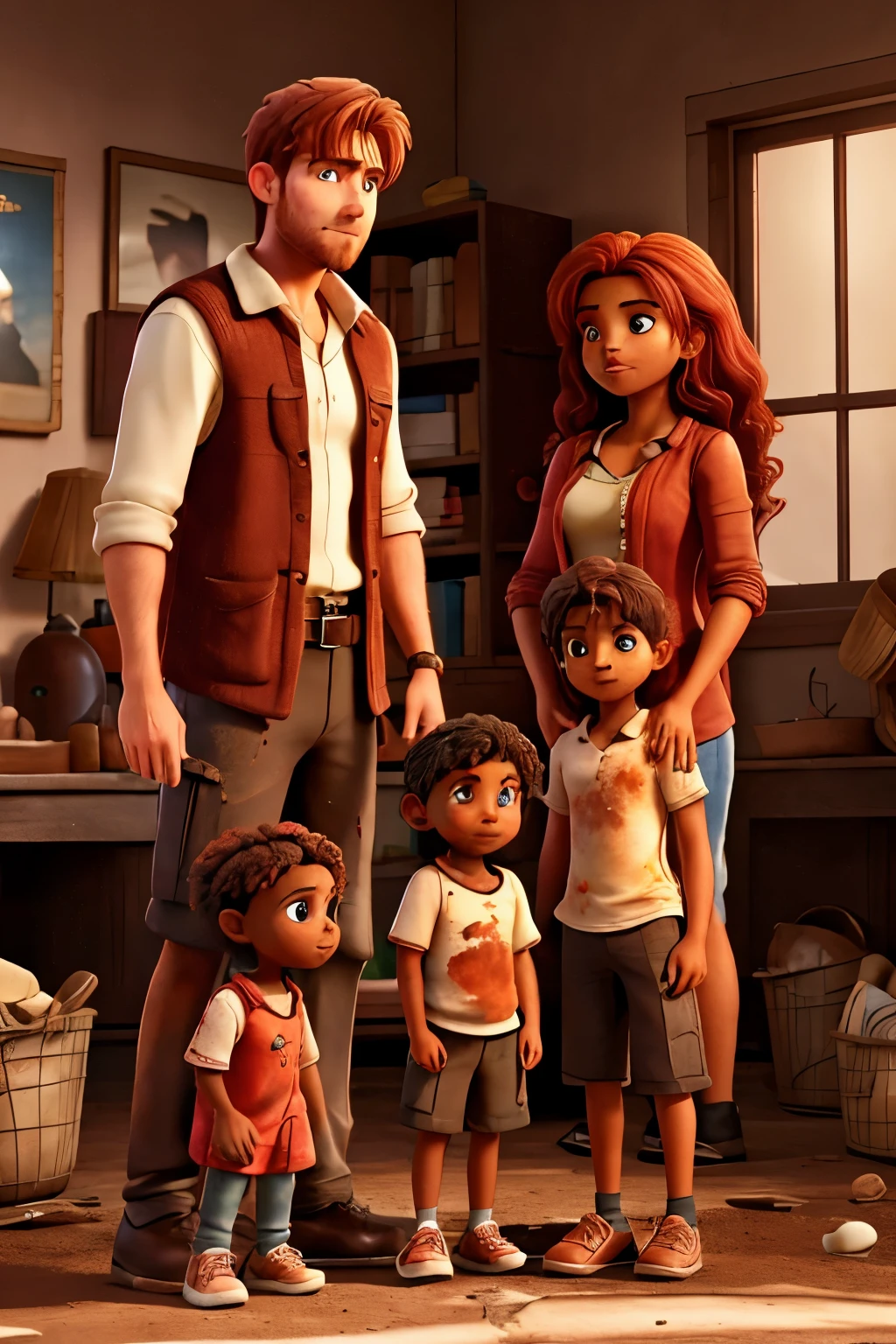 A brown family, with a red-haired man, a wife and two children, one younger and one older, all with dirty and torn clothes.