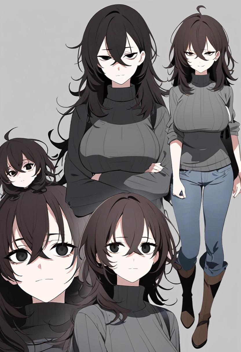 One Woman,Downer,older sister,Concept Art,Dark brown hair,Straight hair with slight inward curls,Staring eyes,Eye Ridge,black eye,Crossed bangs,whole body,smile,Larger breasts,Gray background,Bangs that reach down to the eyes,Messy hair,Tight dark jeans,Gray turtleneck sweater,Multiple views of the same character,Character Design,Dark circles under the eyes,Bad look,Listless,Sloppy,Silver Jewelry,Cafe staff,whole bodyCharacter Design,Detailed hands,Height: 170cm,boots,