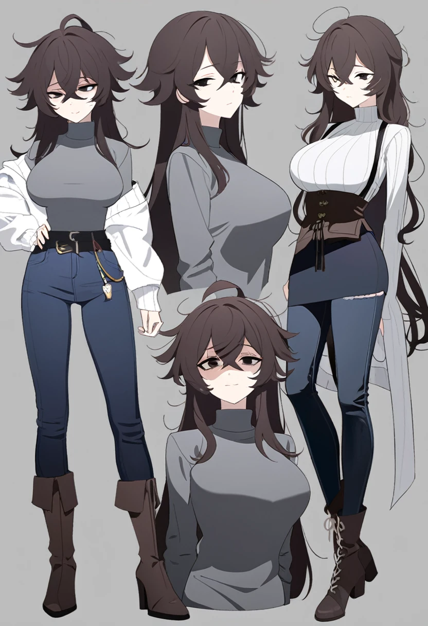 One Woman,Downer,older sister,Concept Art,Dark brown hair,Straight hair with slight inward curls,Staring eyes,Eye Ridge,black eye,Crossed bangs,whole body,smile,Larger breasts,Gray background,Bangs that reach down to the eyes,Messy hair,Tight dark jeans,Gray turtleneck sweater,Multiple views of the same character,Character Design,Dark circles under the eyes,Bad look,Listless,Sloppy,Silver Jewelry,Cafe staff,whole bodyCharacter Design,Detailed hands,Height: 170cm,boots,