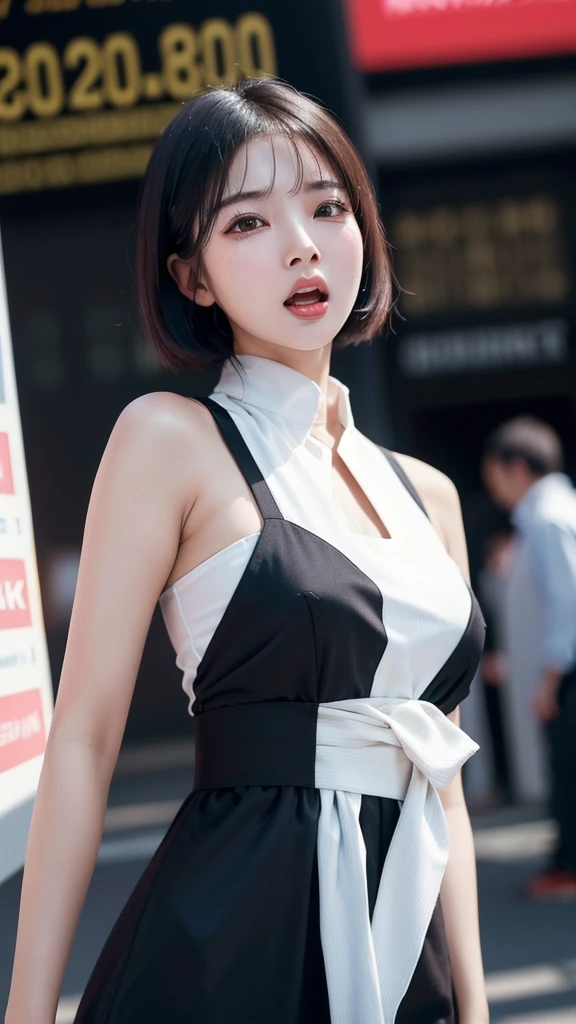 (ultra high definition, 8K, ultra high definition: 1.3),(stock market:1.2), Asian woman in her 20s, Beauty, short hair, stock exchange, bankruptcy, stocks fall,(despair:1.2), (scream: 1.3), One puppy, tear