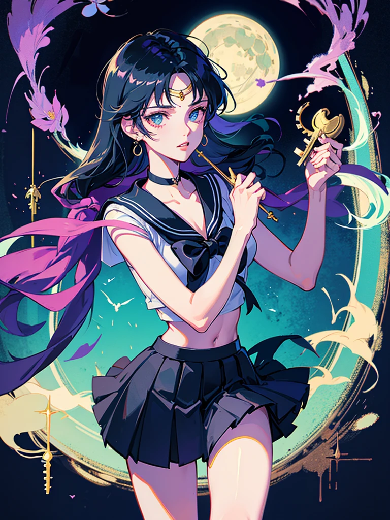 Sailor pluto from sailor moon, dark background, epic, haunting, bioluminescent flowers, fantasy, flying keys