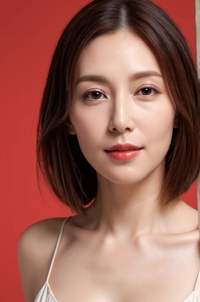 best quality, Practical, Very detailed, high resolution, 8k wallpaper, original photo, Professional photography, Reality, , 1 woman,45 years old expectation), Upper Body, short hair, Small, well-shaped breasts, Perfect face, (((Only the lips are red))), ((Looking at the camera)), (From below),Rough skin,The pores on the face are very clear,Skin particles are very clear