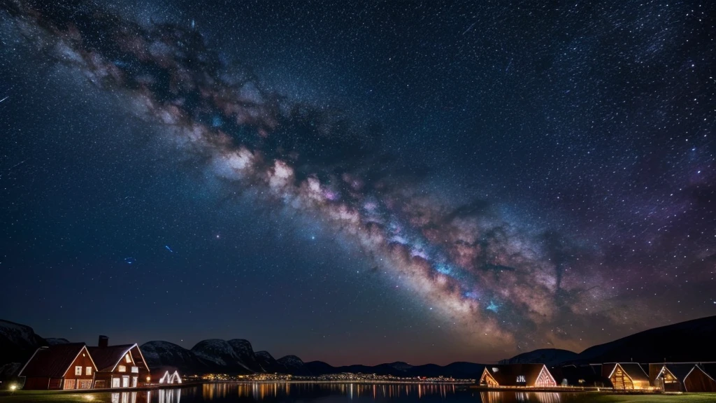 wonderfull stary sky with milky way in norway village, pink and purple