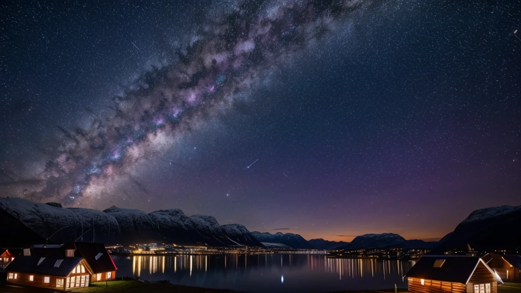 wonderfull stary sky with milky way in norway village, pink and purple