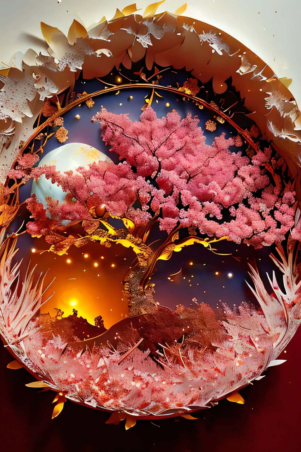 Exceptional quality, ultra-detailed (encaustic technique:1.3), 1 scene, lone cherry tree, encaustic wax on wooden board, vivid red and white cherry blossoms, golden moonlit background, glowing full moon (moonbeams:1.2), gently illuminating the scene, starry sky (stars:1.4), twinkling in the distance, tall and slender cherry tree branches swaying slightly, (cherry blossom petals:1.1) softly falling to the ground below, (enkaustic technique:1.4) showcasing intricate details and textures, masterpiece quality, best