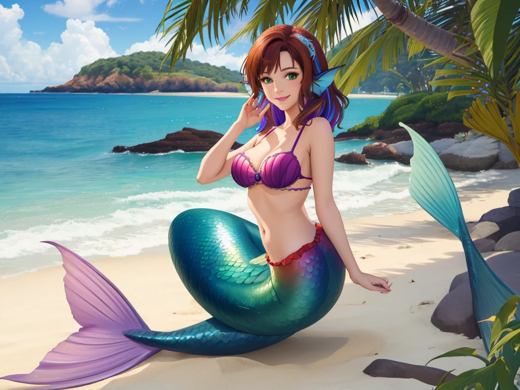 masterpiece, best quality:1.2), 1girl, smile, looking at viewer, green eyes, short brown multicolored hair, mermaid, mermaid girl, wearing purple seashell bra, laying on belly on beach, colorful mermaid tail, outdoors, head fins, fin ears