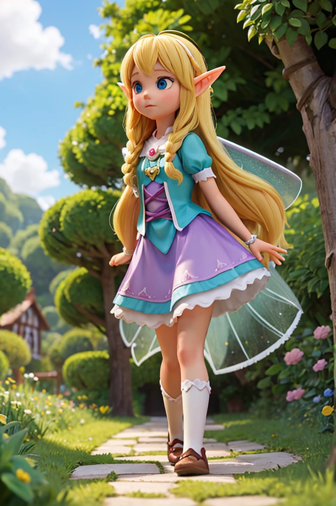 a fairy with fairy wings and blonde hair holds the hand of a -yead girith long hair and elf ears as they walk along a path made of clouds