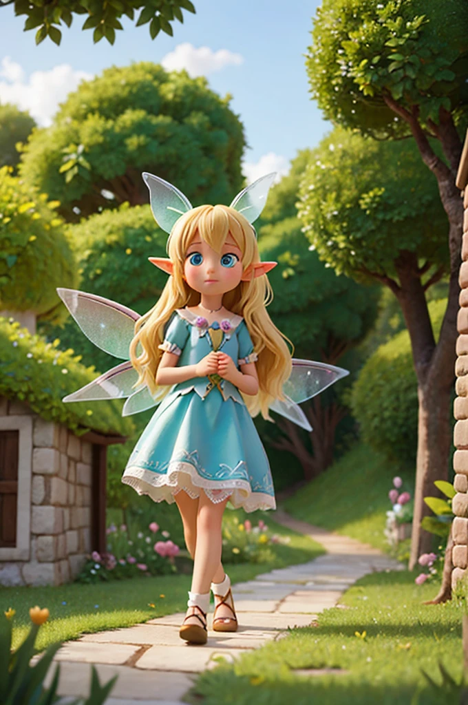 a fairy with fairy wings and blonde hair holds the hand of a six-year-old girl with long hair and elf ears as they walk along a path made of clouds
