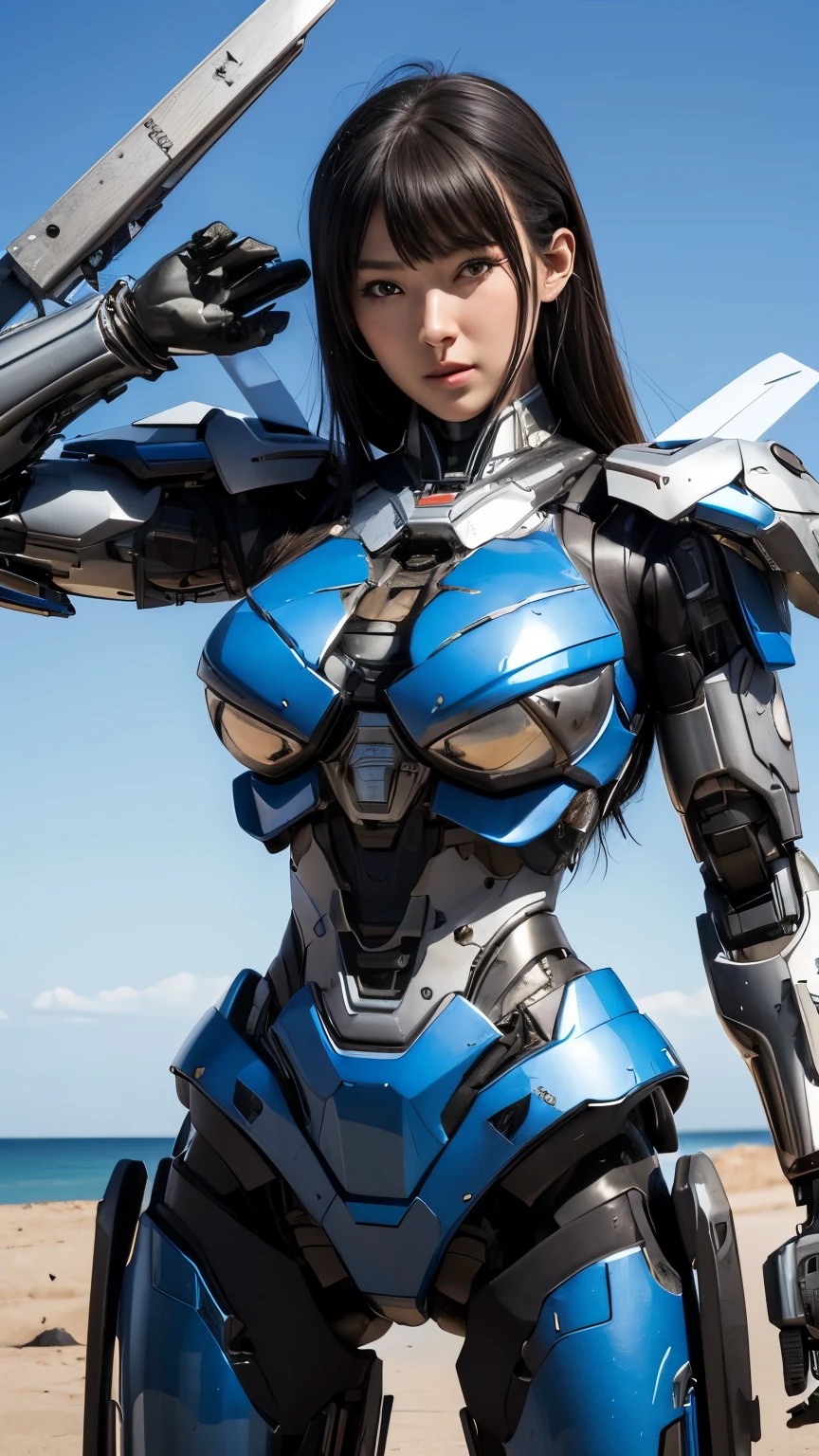 Textured skin, Super Detail, high details, High quality, Best Quality, hight resolution, 1080p, hard disk, Beautiful,(Super Heroine),Oppai Missile,beautiful cyborg woman,Mecha Cyborg Girl,Battle Mode,Girl with a Mecha Body,She wears a battle cyborg mech with a weapon,Fulll body Shot