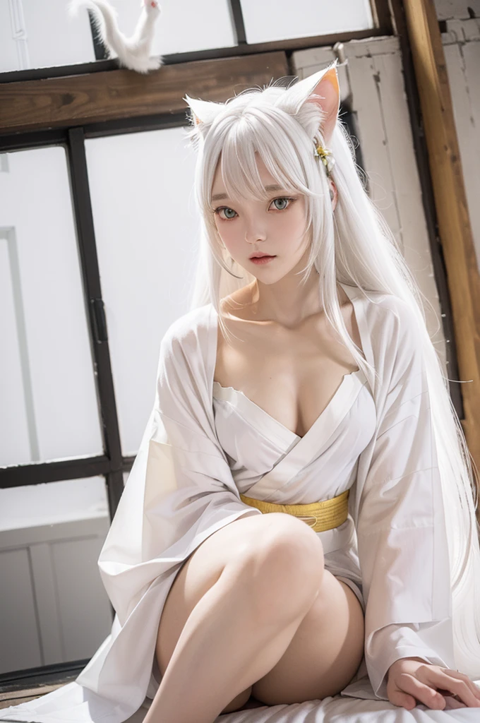 Long silver hair、hime-cut、Golden Eyes、eye glasses、ssmile、early  girls、flat chest、Thin pubic hair、Beautiful open legs、bath robe、lawn